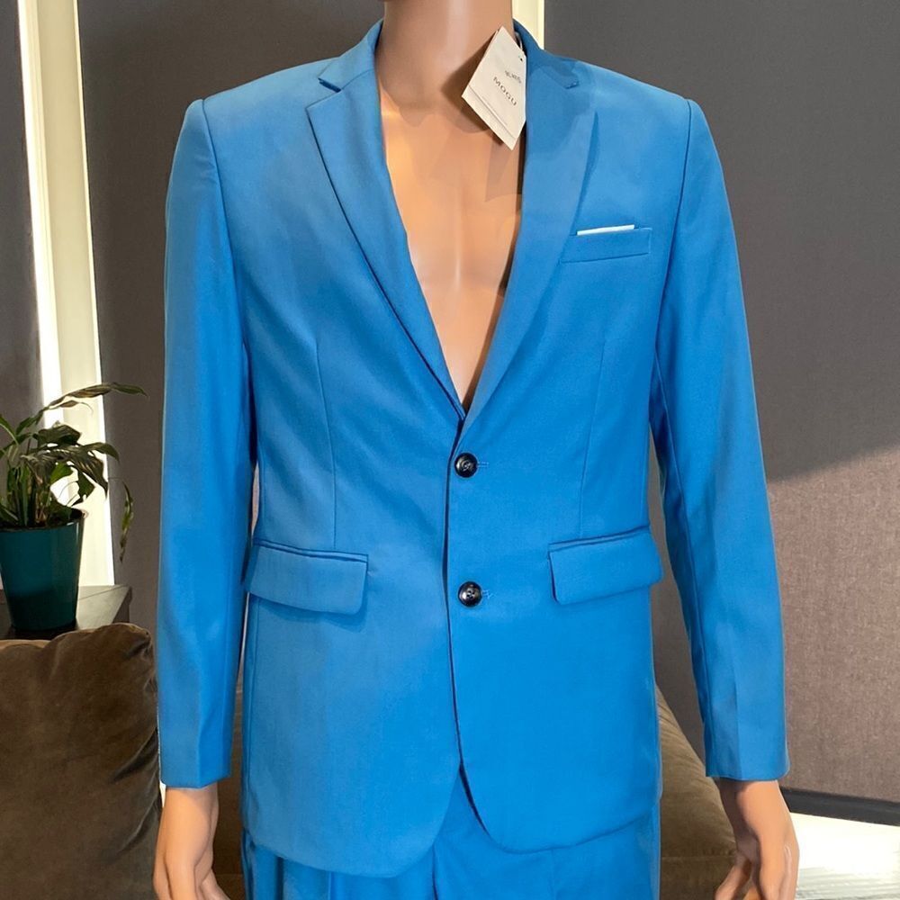 Men’s Mogu Blue 2 Piece Suit Single Breasted 2-Button Jacket 36 Pants 32 NWT